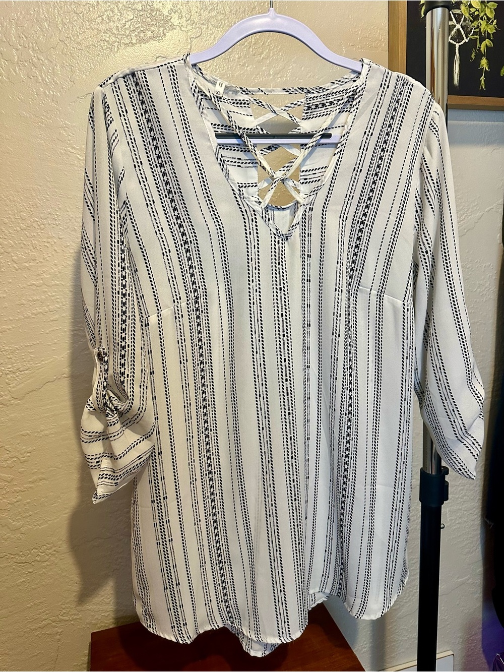 Women's White Striped Crisscross V-Neck Blouse